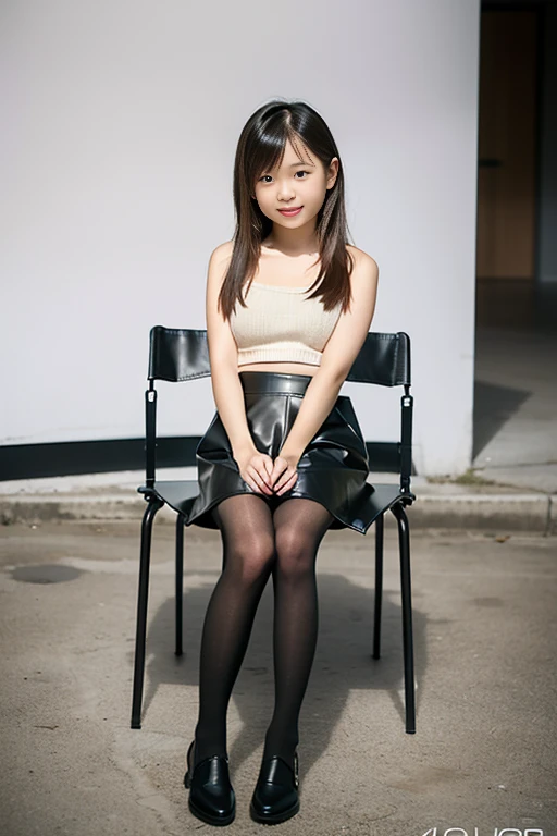 a beautiful japanese girl, (****** girl:1.4), Sitting in a chair, 8k, super detail, best quality, (photorealistic:1.4), (no expression:1.4),  tube top sweater, (Leather skirt:1.2), black pantyhose, (full body:1.5), (very long hair), 1 girl, solo, simply background, Inside an empty concrete studio, first-person view