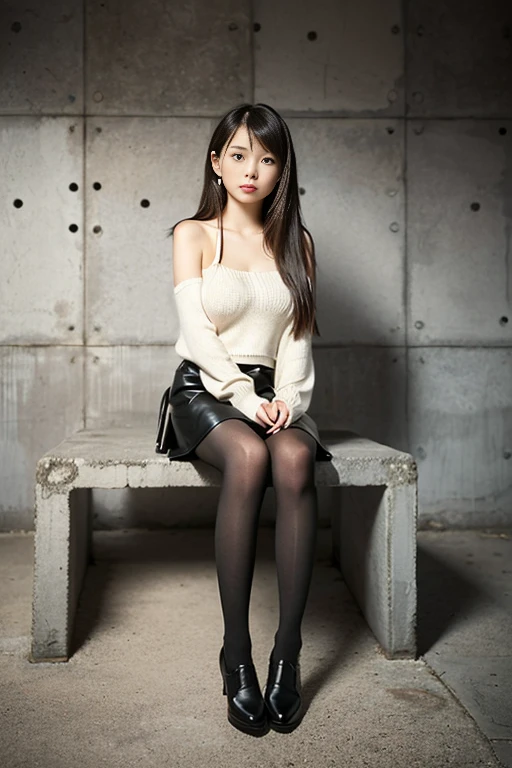 a beautiful japanese girl, (little girl:1.4), Sitting in a chair, 8k, super detail, best quality, (photorealistic:1.4), (no expression:1.4),  tube top sweater, (Leather skirt:1.2), black pantyhose, (full body:1.5), (very long hair), 1 girl, solo, simply background, Inside an empty concrete studio, first-person view