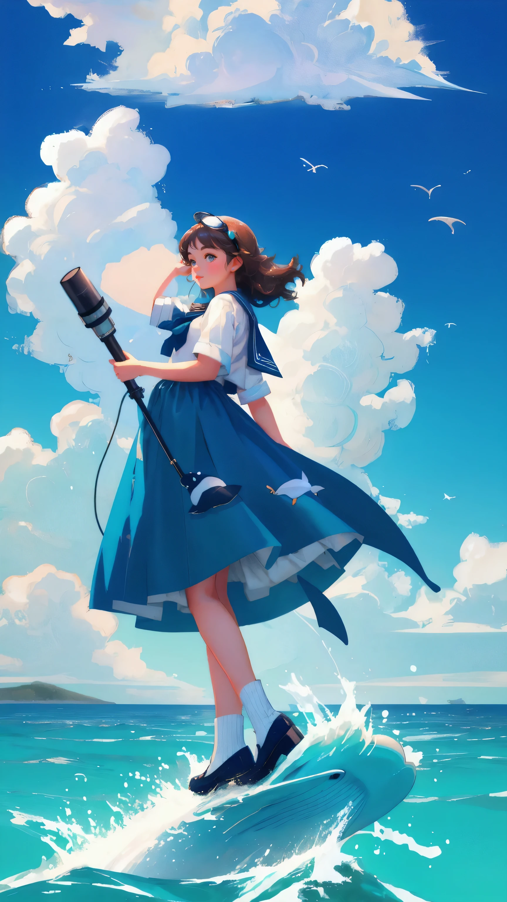 A beautiful, cute girl dressed as a vintage sailor, holding a telescope and looking out to sea with excitement. The background is a bright blue sky with fluffy clouds, featuring a large cruise ship in the distance labeled 'Early Adopter's Cruiser.' Sea creatures like whales and dolphins are swimming nearby, adding a sense of adventure.