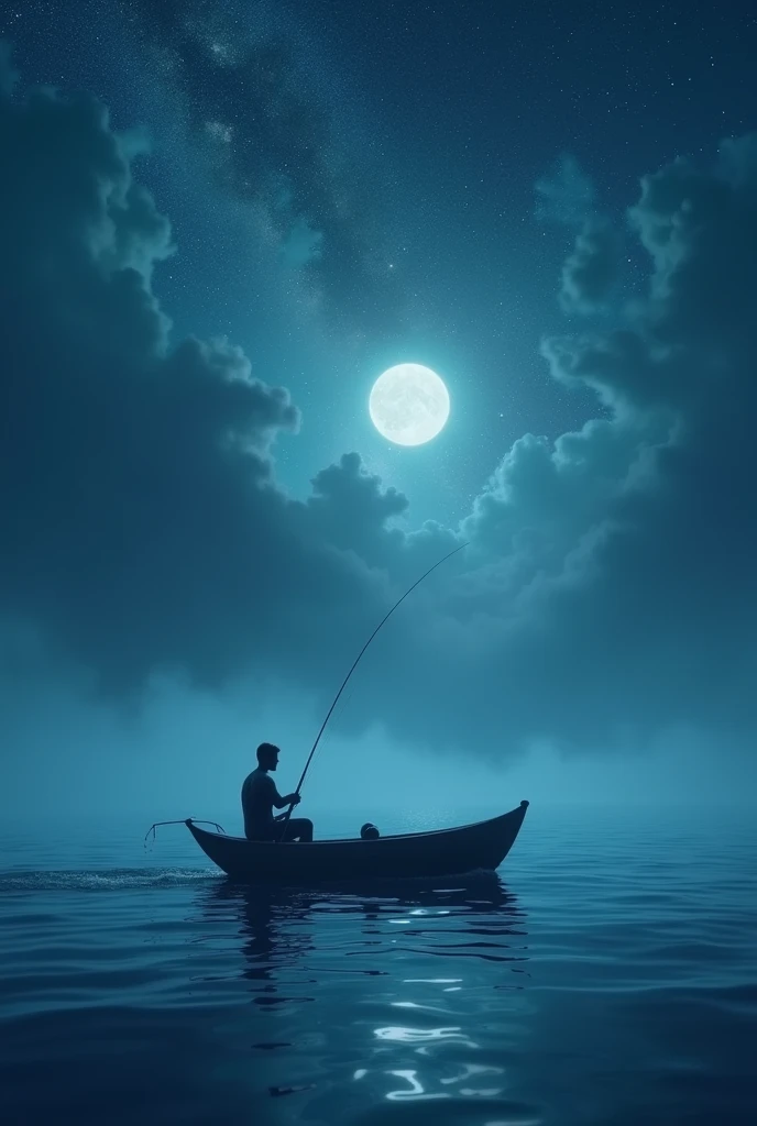 ( perfect anatomy ) There is a man fishing in a small boat on the sea. The fog is very thick. Dreamy fog painting. Fishing at night. Dark blue sea water. Starry sky. Moonlight leaves little starlight on the sea.(Bright stars) 深藍漸層色調
高動態範圍 intricate details 電影般的画面 藝術 繪畫般的 质地极其细腻, (unique style)Very detailed, fresh and elegant aesthetic style, airbrush digital oil painting, movie lighting, very beautiful, perfect composition, intricate details, Super detailed and exquisite high quality work from a master artist