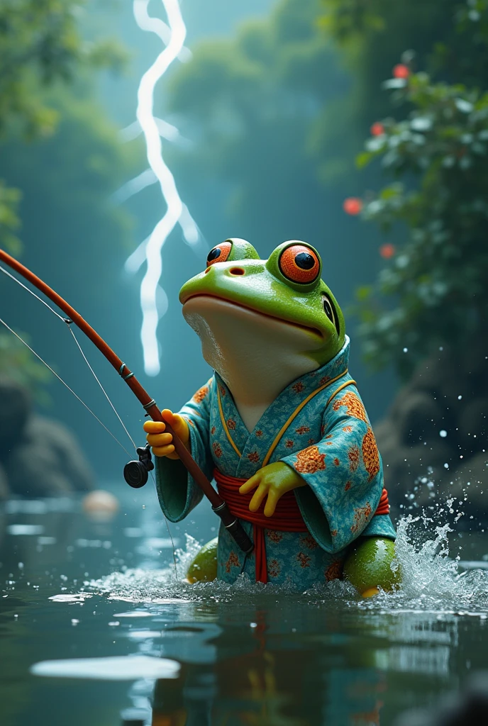 theme:Scene of fishing, realistic photo, A giant fish wearing a kimono, fishing、 Small bath、The best happy performance、be happy、smile、big lightning, Frog floating in the air