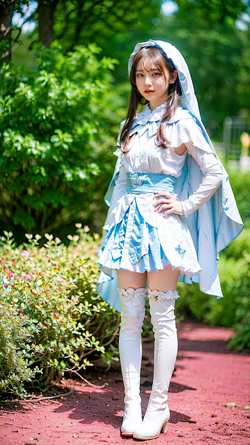 (8k、RAW Photos、Highest quality、masterpiece:1.2)、(Realistic、Realistic)、1 person、((White and light blue、garden、Frills、Cape、mini skirt、Thin legs、whole body、boots、View from the front、Looking into the camera、Stand with hands on hips))、cute