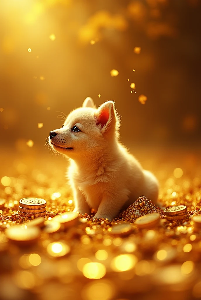 Gold Mountain, Gold coins, dog, Gold coins이 하늘에서 쏟아진다. Dazzling Gold, Golden Light, Golden Box, Gold coins, Delicate images