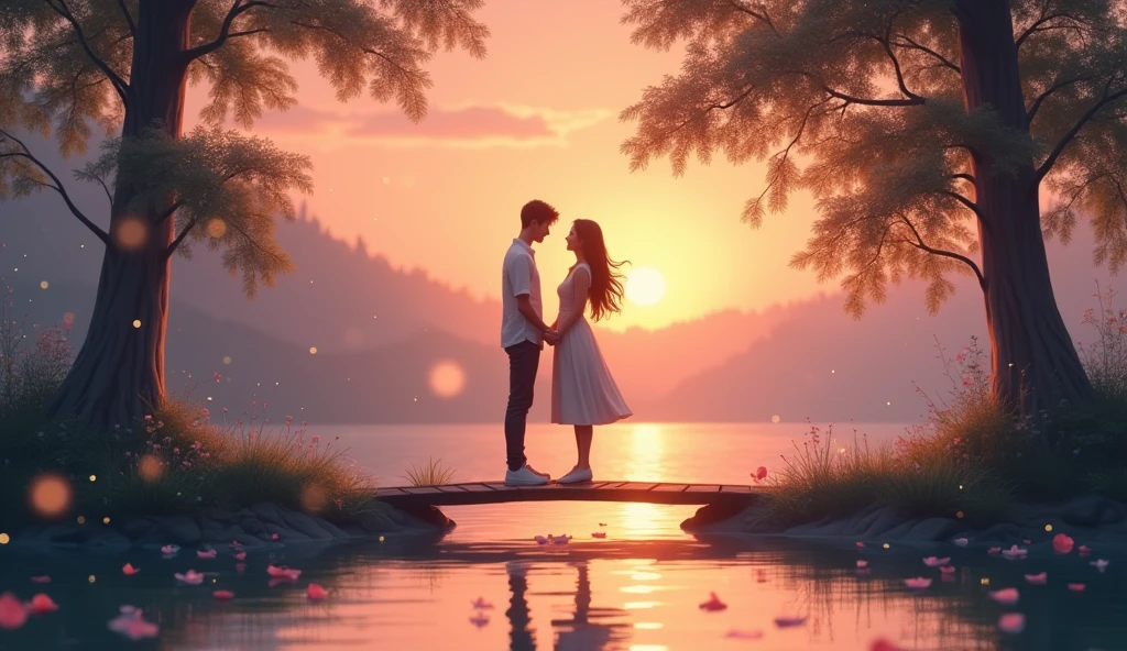 Here’s a detailed image prompt inspired by the song you wrote:
---
"Create a romantic scene set during a gentle sunset, with a soft orange and pink sky reflecting on a calm lake. In the foreground, focus on a couple standing close together on a small, rustic wooden bridge over the lake, their hands almost touching but not quite, capturing the anticipation of love. The woman’s hair flows slightly with the breeze, and both have a serene, loving gaze directed towards each other. Surround them with tall trees, their leaves slightly swaying. The water reflects the scene with a slight ripple, adding a dreamy effect. Fireflies can be seen hovering around, and delicate flower petals are floating on the water, emphasizing the romantic atmosphere. The overall mood is one of tender affection, deep connection, and the timeless magic of first love."
---
This should encapsulate the song’s mood and emotion visually.