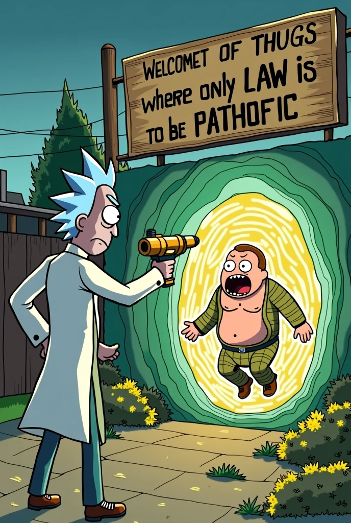 scene: - Characters: A character similar to Rick, with his trademark lab coat and a disdainful expression, Aims his portal gun at a typical thug (big and tough) that is bullying someone. Instead of a normal portal, What appears is a giant vortex that s the bully into a "planet of thugs" where all the inhabitants are cartoonish and ridiculous versions of himself, Caught in absurd and ridiculous situations. - Dialogue or Text: About the portal, A sarcastic sign says: "Welcome to Bullyland, where the only law is to be pa