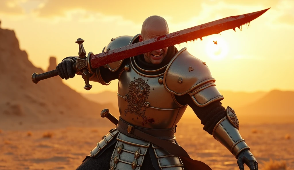 A highly realistic, high-contrast, 8K HD, detailed, hyper-detailed image of Tadakoro, a medieval knight with a shaved head, wielding a blood-stained knife in a powerful strike. Tadakoro is dressed in steel armor with a prominent lion emblem on his chest. The scene is set in a desert at sunset, where the warm, golden light casts long shadows across the barren landscape. The atmosphere is tense and dramatic, capturing the raw emotion of Tadakoro as he swings the knife with all his remaining strength, his face contorted with pain and determination. The armor is splattered with blood, adding to the intensity of the moment. The image is of the highest quality, with ultra-high resolution, RAW photo quality, and Unreal Engine rendering, showcasing the fierce and desperate battle.