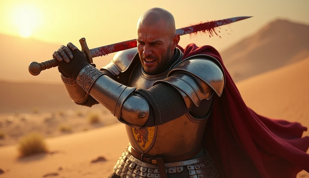 A highly realistic, high-contrast, 8K HD, detailed, hyper-detailed image of Tadakoro, a medieval knight with a shaved head, wielding a blood-stained knife in a powerful strike. Tadakoro is dressed in steel armor with a prominent lion emblem on his chest. The scene is set in a desert at sunset, where the warm, golden light casts long shadows across the barren landscape. The atmosphere is tense and dramatic, capturing the raw emotion of Tadakoro as he swings the knife with all his remaining strength, his face contorted with pain and determination. The armor is splattered with blood, adding to the intensity of the moment. The image is of the highest quality, with ultra-high resolution, RAW photo quality, and Unreal Engine rendering, showcasing the fierce and desperate battle.
