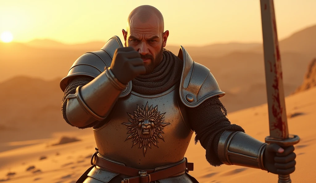 A highly realistic, high-contrast, 8K HD, detailed, hyper-detailed image of Tadakoro, a medieval knight with a shaved head, wielding a blood-stained knife in a powerful strike. Tadakoro is dressed in steel armor with a prominent lion emblem on his chest. The scene is set in a desert at sunset, where the warm, golden light casts long shadows across the barren landscape. The atmosphere is tense and dramatic, capturing the raw emotion of Tadakoro as he swings the knife with all his remaining strength, his face contorted with pain and determination. The armor is splattered with blood, adding to the intensity of the moment. The image is of the highest quality, with ultra-high resolution, RAW photo quality, and Unreal Engine rendering, showcasing the fierce and desperate battle.