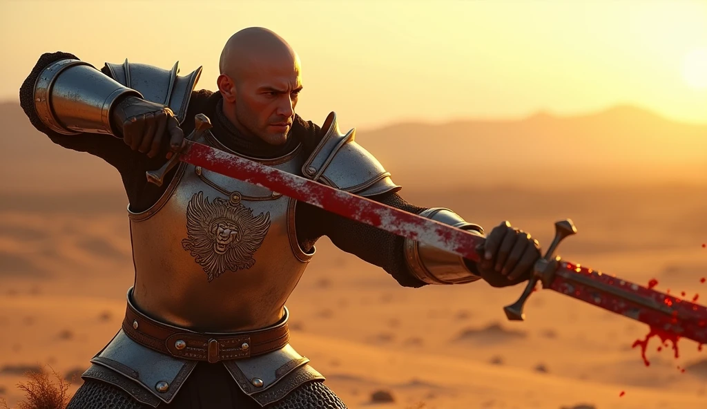 A highly realistic, high-contrast, 8K HD, detailed, hyper-detailed image of Tadakoro, a medieval knight with a shaved head, wielding a blood-stained knife in a powerful strike. Tadakoro is dressed in steel armor with a prominent lion emblem on his chest. The scene is set in a desert at sunset, where the warm, golden light casts long shadows across the barren landscape. The atmosphere is tense and dramatic, capturing the raw emotion of Tadakoro as he swings the knife with all his remaining strength, his face contorted with pain and determination. The armor is splattered with blood, adding to the intensity of the moment. The image is of the highest quality, with ultra-high resolution, RAW photo quality, and Unreal Engine rendering, showcasing the fierce and desperate battle.