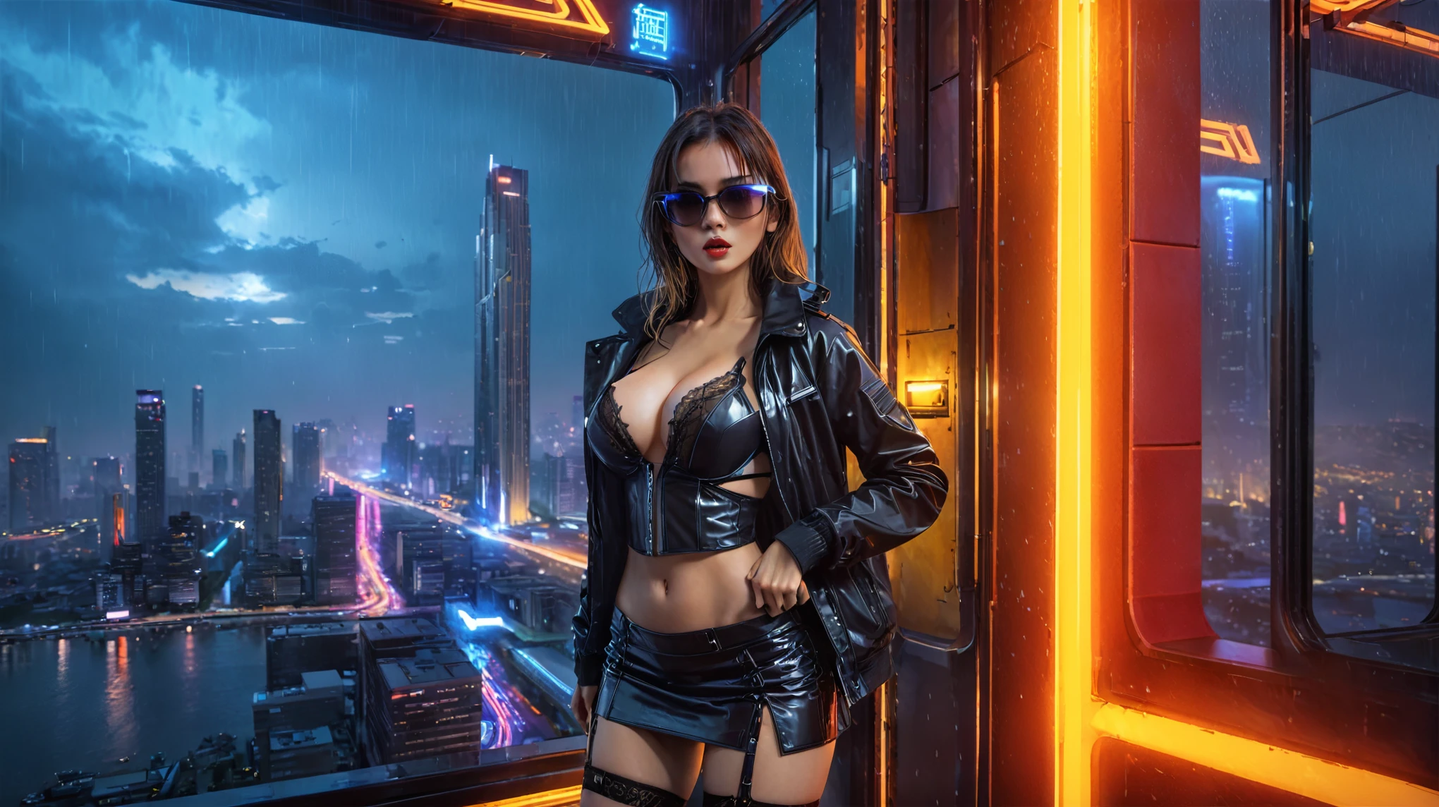 Blade Runner style futuristic city, flying cars, neon lights, rainy night. (1girl, solo, alone), large-breast:1.2 slim body, slim face, cleavage:1.1, sexy laced lingerie, very low angle view miniskirt, jacket, (black micro sunglasses), (holding a short gun), running pose, half-body thigh level medium shot, cinematic lighting, ray tracing.