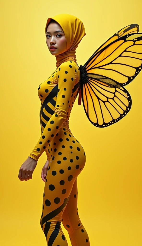 A most beautiful,most hardworking and most thinnest asian muslimah with shiny face and a pair of beautiful cheeks wears yellow bee Lycra turtleneck unitard catsuit covered with a lot of black bee stripes with a pair of wings.