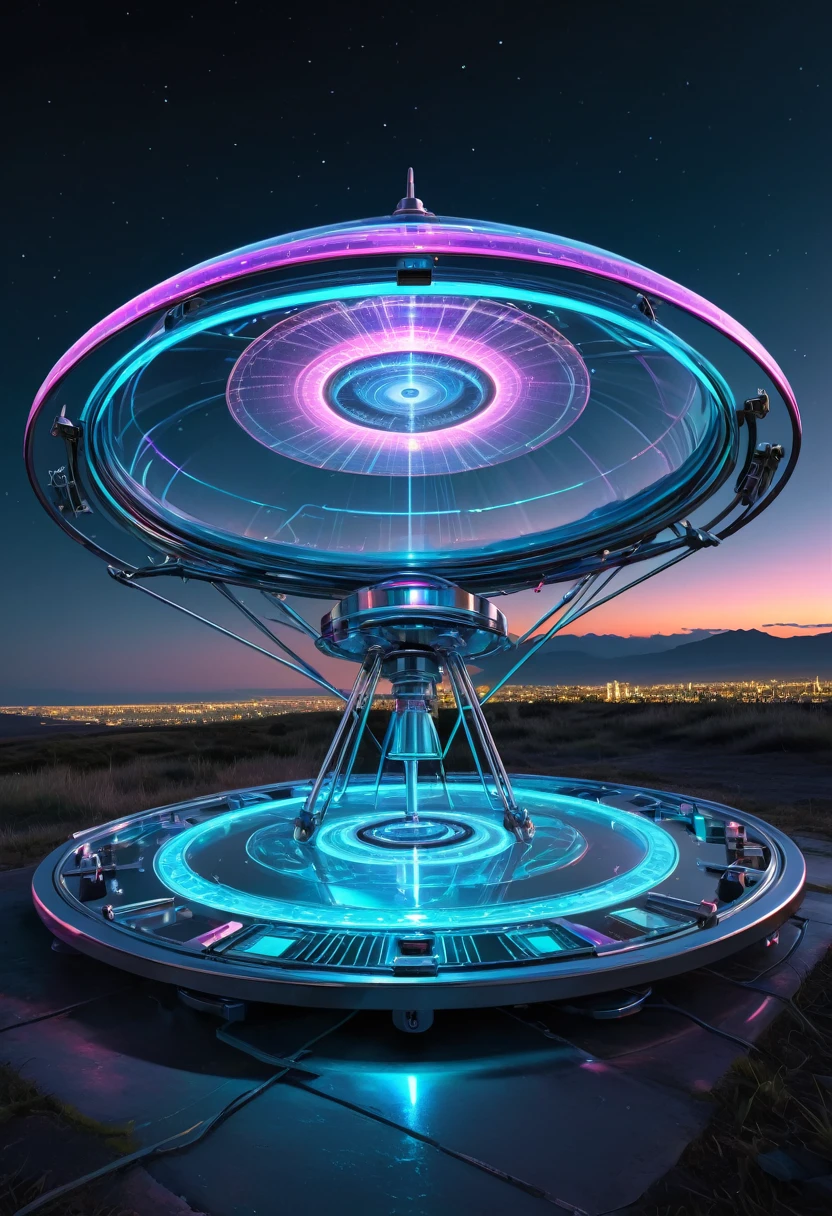 A UFO made of a metal-plated frame, a magic circle on the ground, and a kaleidoscope of iridescent neon lines in the sky, transparent, clear neon color, precision instruments, machines, machine parts, LED, wire cables, analyzers, labs, (ultra detailed, absolutely resolution, best quality:1.3), 2.5D, delicate and dynamic effects, artistic photography, hyper realistic, graphic CG digital art