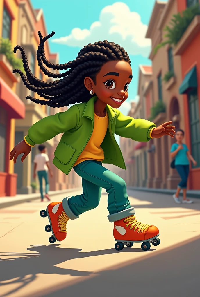 Animated character, boy, long braided hair, peau noir, green jacket, roller dance