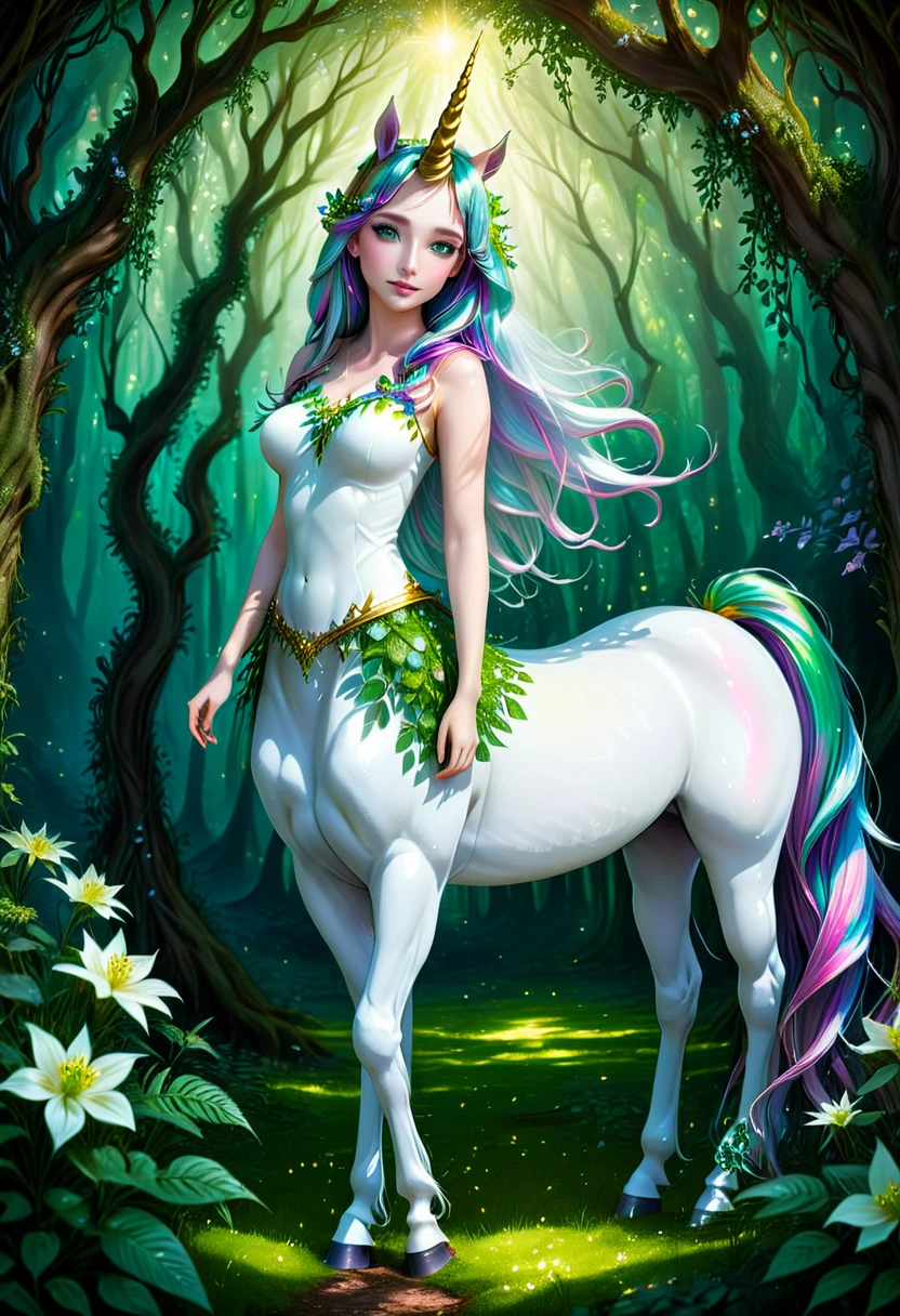 Unicorn humanoid beautiful female with green eyes. Surround her with a mystical, ethereal forest, filled with ancient trees, glowing flowers. The atmosphere should feel serene and magical, with soft light filtering through the dense canopy, casting enchanting shadows