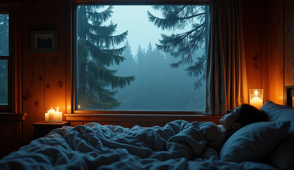 (masterpiece, bestquality),Bedroom with Pine Forest View,Outside the window,It's raining,Fog,candle lit,warm,