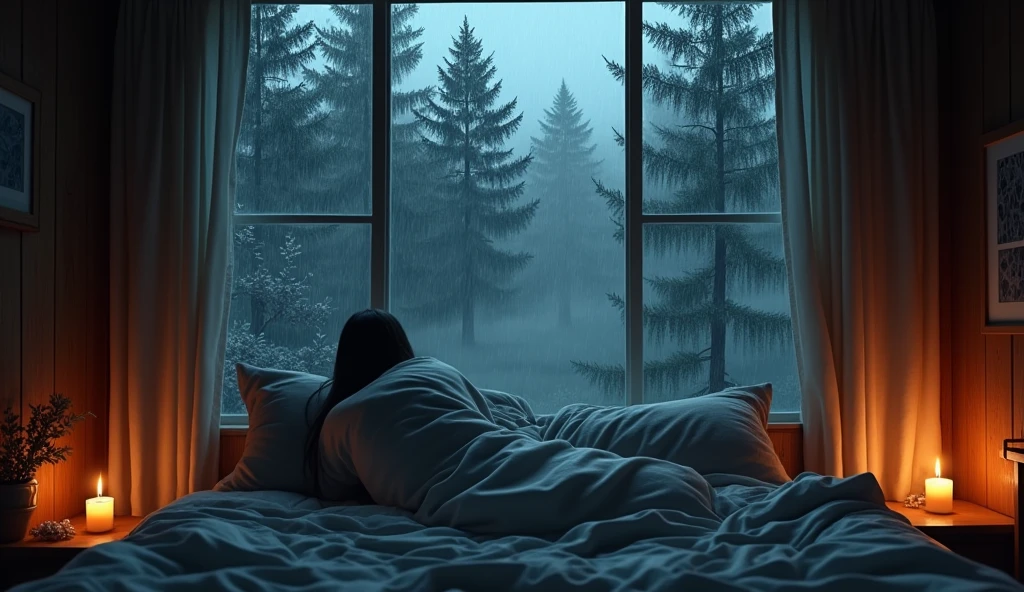 (masterpiece, bestquality),Bedroom with Pine Forest View,Outside the window,It's raining,Fog,candle lit,warm,