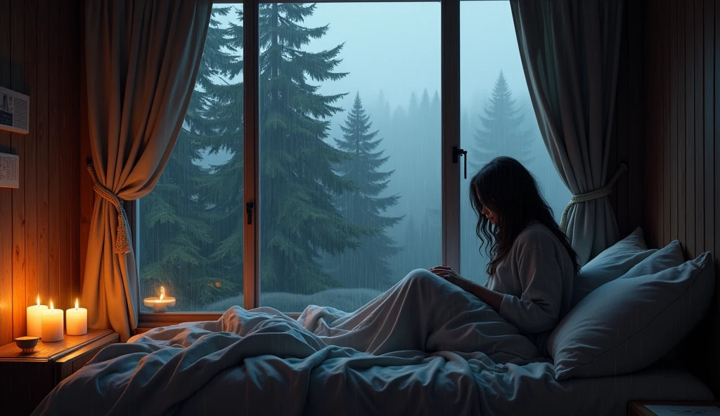 (masterpiece, bestquality),Bedroom with Pine Forest View,Outside the window,It's raining,Fog,candle lit,warm,