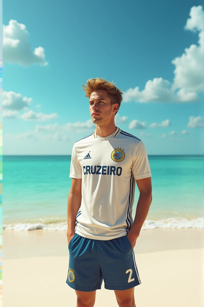 A man with brown and blonde hair enjoying Boa Vista on the beach in the Bahamas wearing Jordan shorts and a Cruzeiro sports club shirt