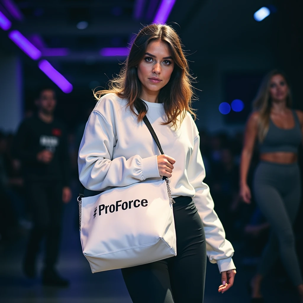 araffe woman in white jacket and black leggings holding a white bag to with text "ProForce", [[ProForce]] text in bag "ProForce" captured on canon eos r 6, full-body, full - body, cindy avelino, shot on canon eos r 5, shot on canon eos r5, easygoing, in the background, by Eddie Mendoza, mid shot portrait, in background, by Gina Pellón, non blurry
