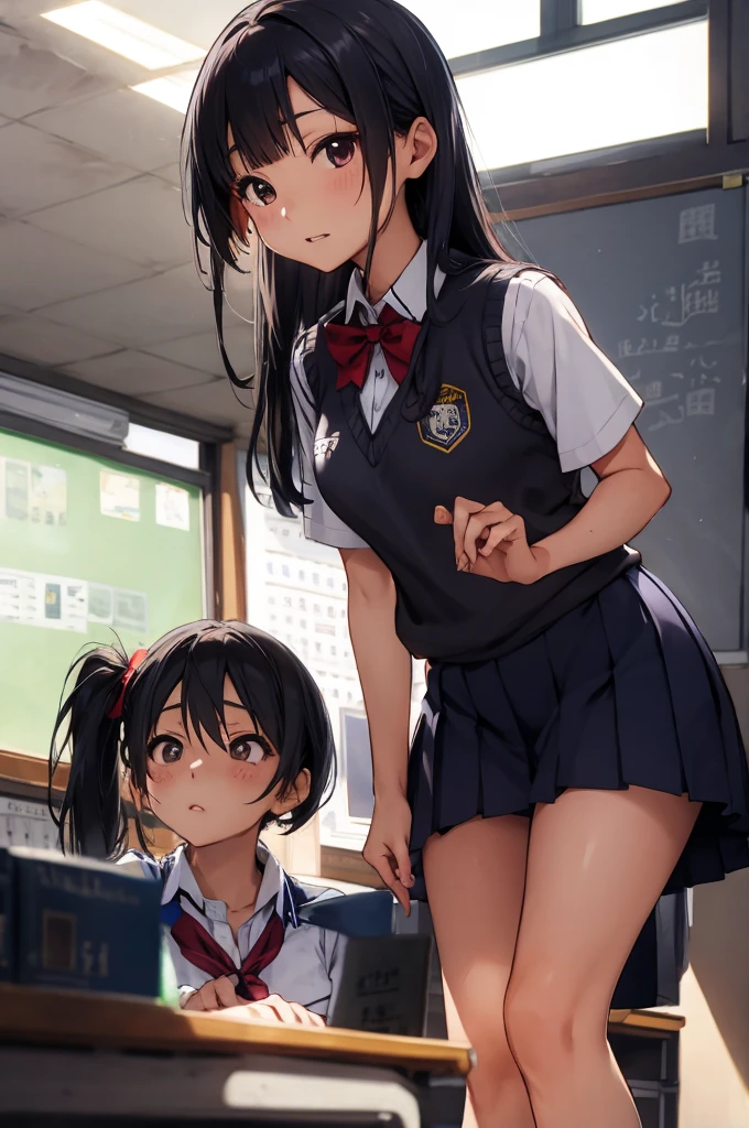 Dynamic posing, dynamic angle, Arrange pose,Top quality work，Show Legs，(short black hair),(blue eyes), Rose cheeks, Pretty Face, A perfectly proportioned face, school shirt with red bow and black skirt, (school uniform), white stockings，in classroom，full-body view， amazing, Large round chest、Beautiful eye details、Beautiful eyelashes、beautiful double eyelid, with blush cheeks, talking to viewer, handsome boy grab girls breast