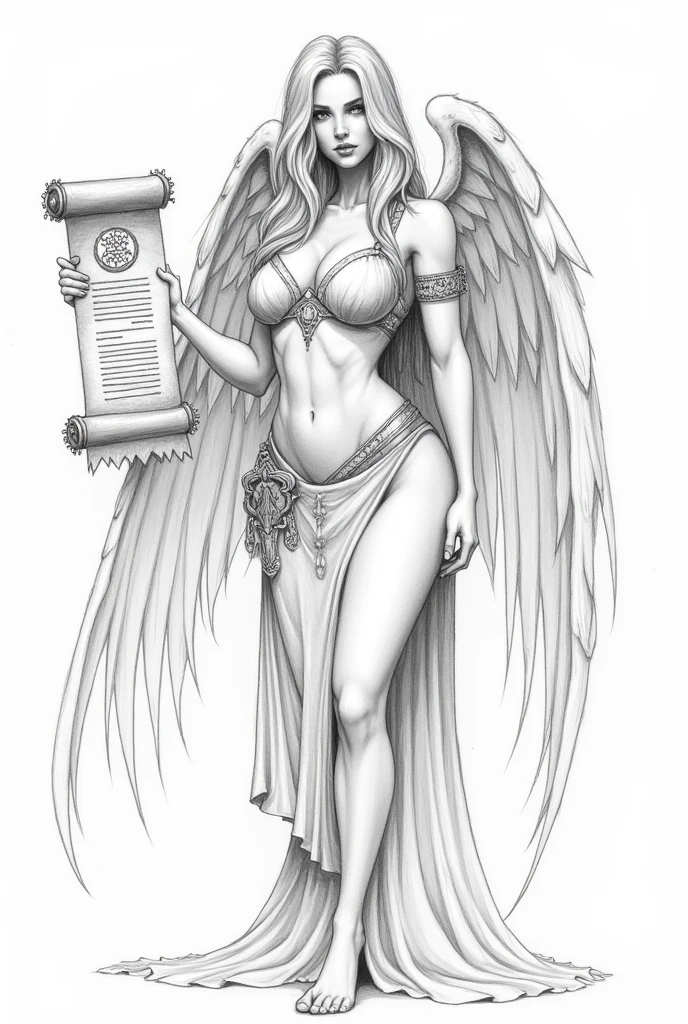 A female Valkyrie points a scroll forward.. beautiful woman. sketch. blackandwhite. drawing with a simple pencil. Simple drawing. big breasts. Norse mythology. Viking. dynamic pose. scroll. wings. Without clothing. Unfinished drawing. pencil sketch. Erotica. Simple drawing. Unrealistic style. Pencil drawing. minimalism. simplicity. Sacred Scroll. Easy sketch. Hand holding a scroll. god. naked. Quick drawing. Drawing without details. naked грудь. A slim body. Valkyrie. simplicity. beautiful body.