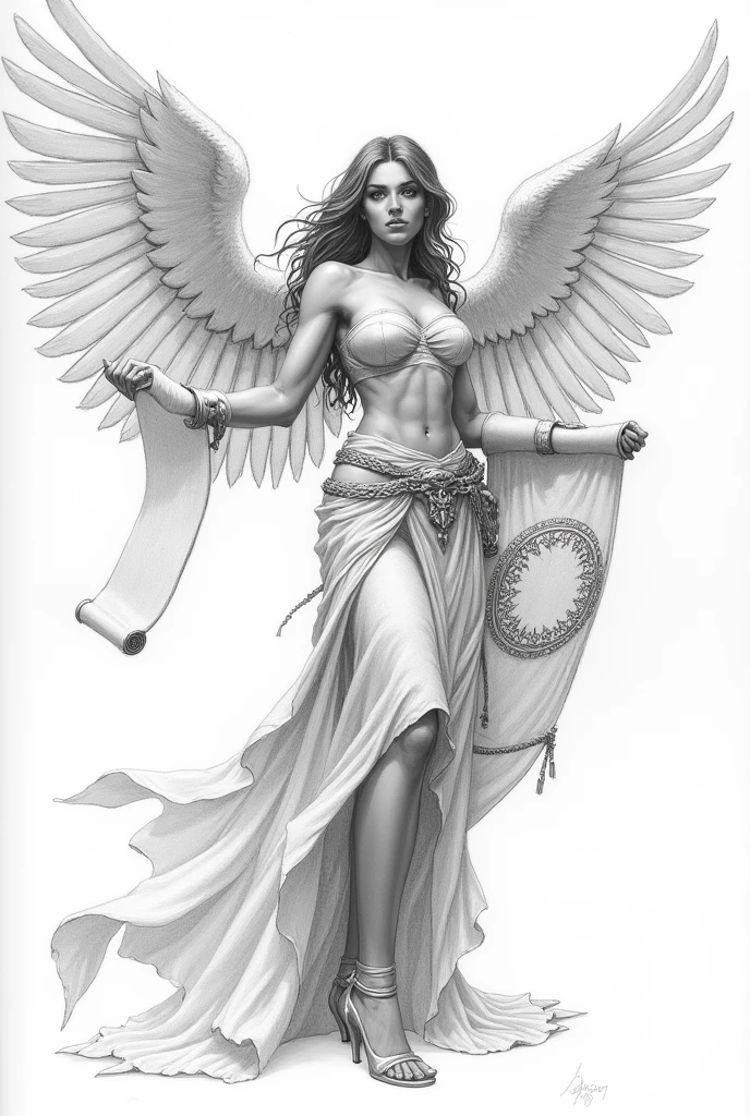 A female Valkyrie points a scroll forward.. beautiful woman. sketch. blackandwhite. drawing with a simple pencil. Simple drawing. big breasts. Norse mythology. Viking. dynamic pose. scroll. wings. Without clothing. Unfinished drawing. pencil sketch. Erotica. Simple drawing. Unrealistic style. Pencil drawing. minimalism. simplicity. Sacred Scroll. Easy sketch. Hand holding a scroll. god. naked. Quick drawing. Drawing without details. naked грудь. A slim body. Valkyrie. simplicity. beautiful body.