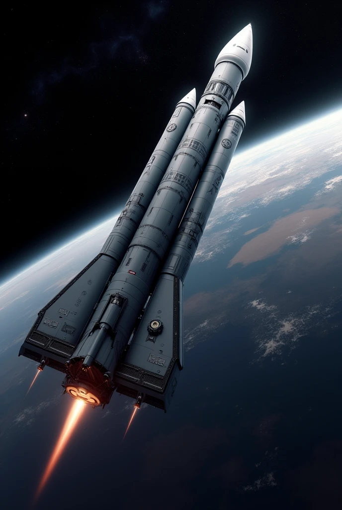 create the most technological image of a rocket possible, like a space shuttle, that can carry more than 300 people and only one trip, add to the rocket image a specific module that uses a combination of parachutes, retro rockets and shock absorbers.