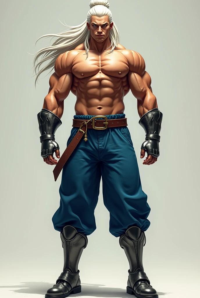 A tall man with long white hair tied up in a bun, broad shoulders, a small waist, six-pack abs, wearing blue pants, iron gloves, iron shoes, thin body.