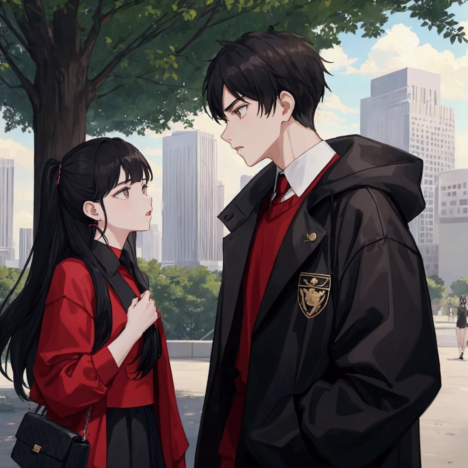 1 male and 1 girl, Arguing and argument , wear simple clothes, in park, enemy