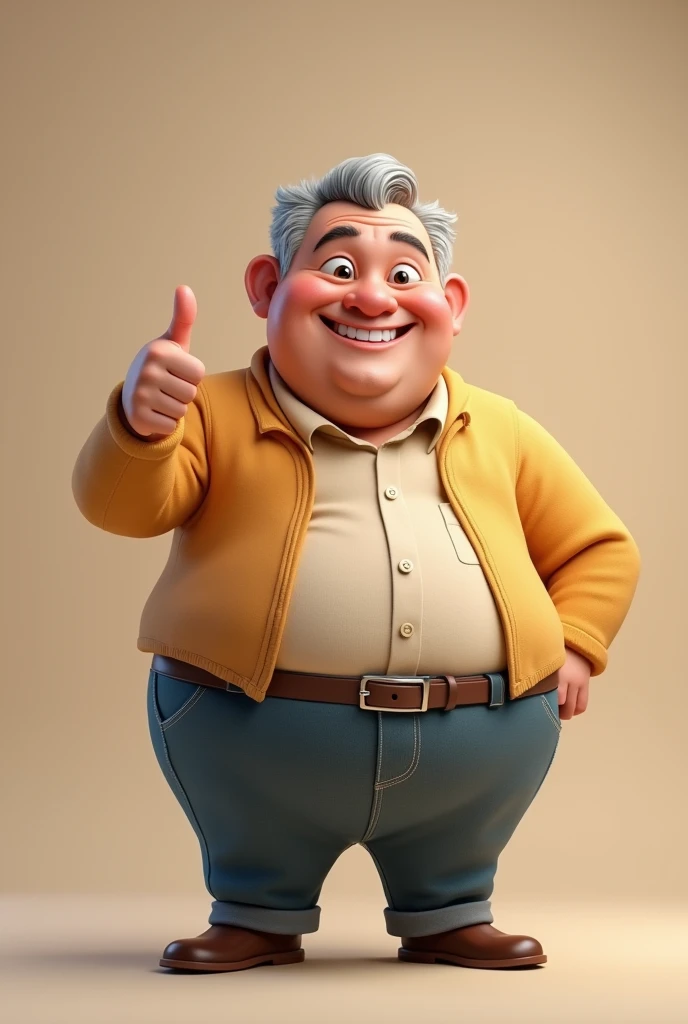 A chubby man giving a thumbs up with his right hand with gray hair