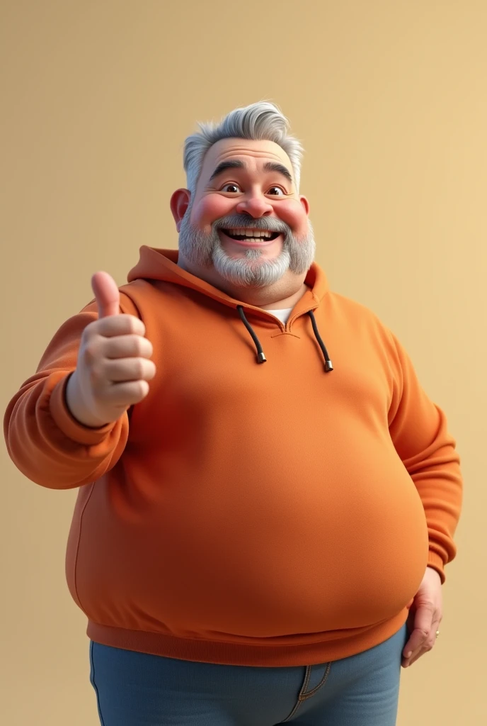 A chubby man giving a thumbs up with his right hand with gray hair