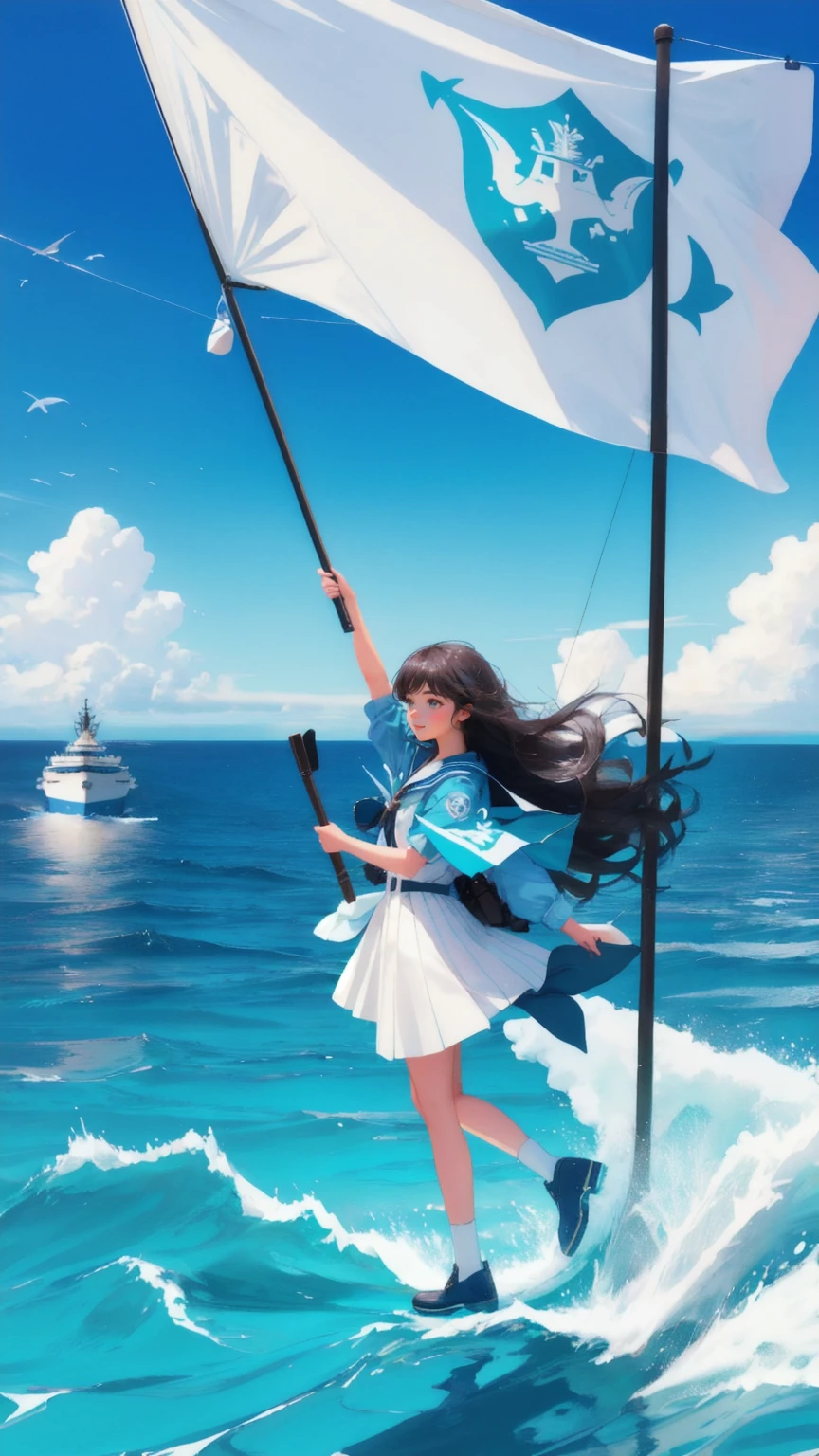 A beautiful, cute girl with flowing hair, dressed as a modern explorer, standing confidently on the deck of a ship. The ship sails through a blue ocean under a bright blue sky. The ship's flag prominently displays the words 'Early Adopter's Cruiser,' with dolphins jumping alongside the ship in a joyful scene.