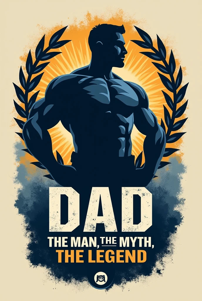 Create a bold and dynamic vector-style artwork for a T-shirt with the theme "Dad: The Man, The Myth, The Legend." The design should feature a central, powerful silhouette of a father figure standing confidently, possibly with his hands on his hips, symbolizing strength and reliability. Surround the figure with iconic elements like a shield, laurel wreath, or rays of light to convey a heroic and legendary status. The text "Dad: The Man, The Myth, The Legend" should be prominently displayed in a strong, stylized font, integrating seamlessly with the artwork. The color palette should be masculine, using shades like deep blues, grays, and metallic golds to evoke a timeless, classic feel. The overall look should be clean, modern, and suitable for screen printing on T-shirts, with clear lines and a focus on simplicity and impact.

