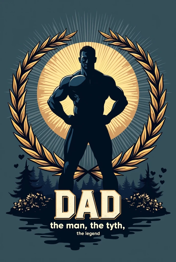 Create a bold and dynamic vector-style artwork for a T-shirt with the theme "Dad: The Man, The Myth, The Legend." The design should feature a central, powerful silhouette of a father figure standing confidently, possibly with his hands on his hips, symbolizing strength and reliability. Surround the figure with iconic elements like a shield, laurel wreath, or rays of light to convey a heroic and legendary status. The text "Dad: The Man, The Myth, The Legend" should be prominently displayed in a strong, stylized font, integrating seamlessly with the artwork. The color palette should be masculine, using shades like deep blues, grays, and metallic golds to evoke a timeless, classic feel. The overall look should be clean, modern, and suitable for screen printing on T-shirts, with clear lines and a focus on simplicity and impact.