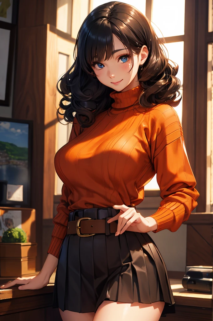 (masterpiece:1.3、Highest quality)、(Real、Photorealistic:1.4)、Beautiful illustrations、(Natural Side Lighting、Cinema lighting)、Looking down、whole body、From below、1 person、Japanese、(receptionist)、20-year-old、Perfect Face、(Perfect Anatomy)、Cute and symmetrical face、Shiny skin、(Long Hair:1.5、Straight Hair:1.4、Black Hair)、Slicked bangs、Dark blue eyes、Slanted Eyes、Long eyelashes、(Large Breasts:0.8、Captivating thighs、Big Ass)、Beautiful Hair、Beautiful Face、Beautiful and detailed eyes、Beautiful clavicle、Beautiful body、Beautiful breasts、Beautiful thighs、Beautiful legs、Beautiful fingers、((Extremely detailed clothes、Orange brown high neck sweater、Brown curly skirt、belt))、(Beautiful Landscape)、Depth of written boundary、evening、(a modern livingroom)、Are standing、(smile)、