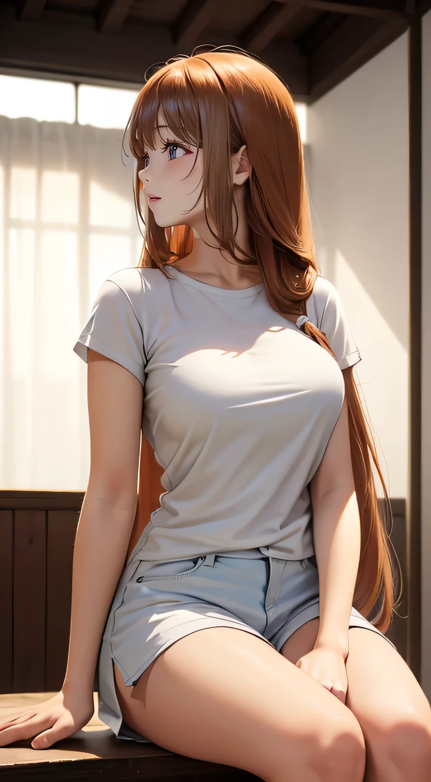 ((Woman looking to the side))、((profile, Downward)), One person,(Highly detailed skin),Curvy,,Beautiful breasts,((Large Breasts)),((slender)), (Best image quality,(8k),Ultra-realistic,最high quality, high quality, High resolution, high quality texture,Attention to detail,Beautiful details,The finer details,Extremely detailed CG,Detailed Texture,Realistic facial expressions,masterpiece,dynamic,bold),Straight Long Hair,(Soft Hair),(Straight hair:1.5),White T-shirt、Shorts、Very light coppery amber hair,((The audience isn't watching)), ((A worried look)), ((anxiety, fear)), tears