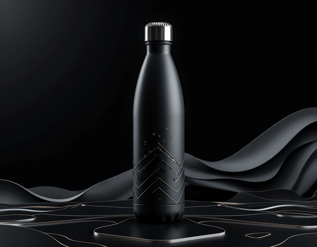 A dynamic and modern background for a black water bottle, ispirato allo stile GoPro. The design features fluid, geometric lines that evoke speed and adventure., con curve morbide e angoli netti. Gli elementi grafici includono onde astratte, triangular shapes and light shades of dark gray, antracite e accenti metallici. Piccoli dettagli ispirati alla natura e all'adrenalina, like stylized mountains or waves, they blend with technological motifs such as minimalist circuits. The design remains elegant and clean, with a contrast that stands out on the black background, creating a modern and eye-catching effect.