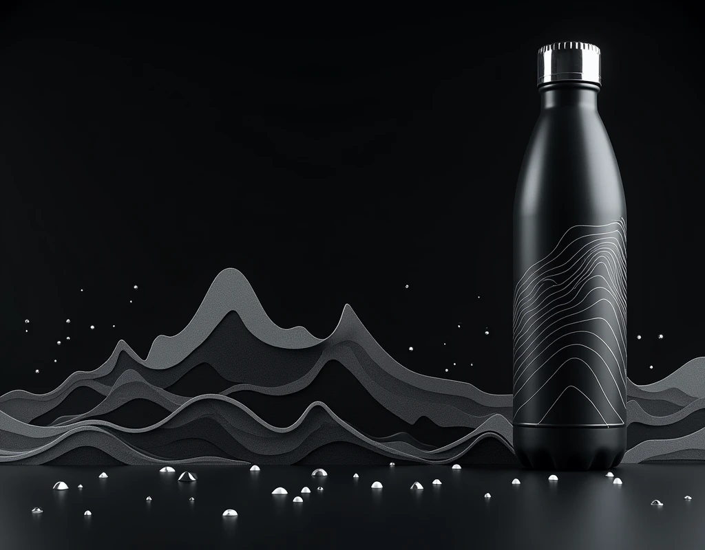 A dynamic and modern background for a black water bottle, ispirato allo stile GoPro. The design features fluid, geometric lines that evoke speed and adventure., con curve morbide e angoli netti. Gli elementi grafici includono onde astratte, triangular shapes and light shades of dark gray, antracite e accenti metallici. Piccoli dettagli ispirati alla natura e all'adrenalina, like stylized mountains or waves, they blend with technological motifs such as minimalist circuits. The design remains elegant and clean, with a contrast that stands out on the black background, creating a modern and eye-catching effect.