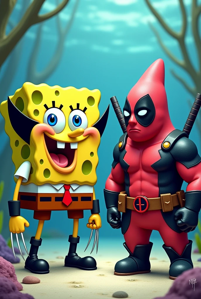 Sponge Bob dressed as yellow Wolverine and Patrick dressed as Deadpool