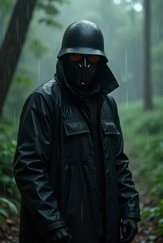 A man wearing a black cloth outfit, his face completely covered by an iron mask with glasses, wearing an M35 helmet, Wear a sun-protective jacket, The appearance of the costume is not scary or disgusting.
The scene is in the middle of Huong Que, the weather is sunny and light rain.