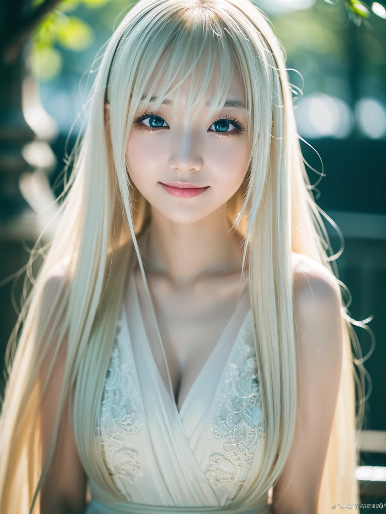 smile、night、RAW Photos、(((A portrait of extreme beauty)))、((Glowing Skin))、1 person、 Beautiful girl in Prague、((Bright platinum blonde hair))、[Iris]、Glowing Skin、Silky long straight hair、eyeliner、Long Bangs、The hair between the eyes is hanging down、((masterpiece、最high quality、Ultra-detailed、Film Light、Intricate details、High resolution、8k、Very detailed))、Detailed Background、8k ウルトラHD、Digital SLR、Soft Light、high quality、Film Grain、Fujifilm XT3 、Shallow depth of field、Natural soft light、（Without hands）、Kamimei、Saleme、