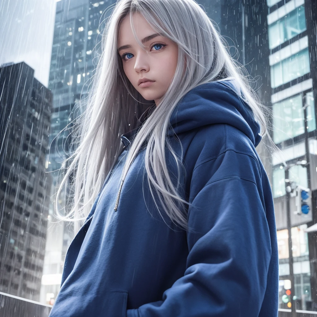 In the center, one person is wearing a cool hoodie., Long Hair, Gaze, blue eyes, Silver Hair、Rainy city background、High resolution,