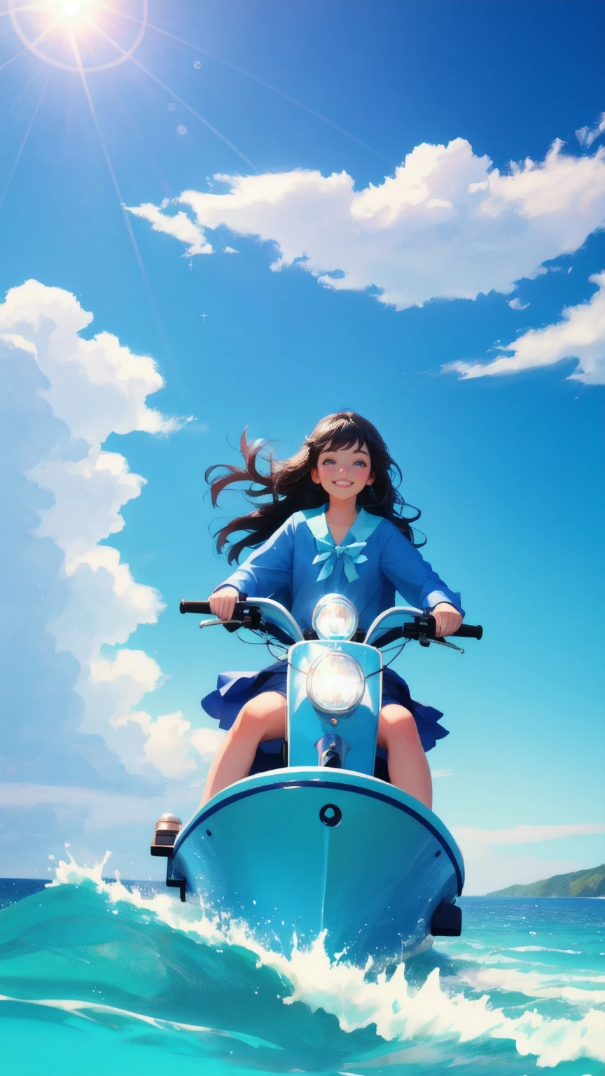 A beautiful, cute girl with a playful smile, holding a large steering wheel as she navigates the 'Early Adopter's Cruiser' through calm blue waters. The background is a vibrant blue sky with a few scattered clouds, and the sea sparkles under the sun, adding a magical touch to the scene