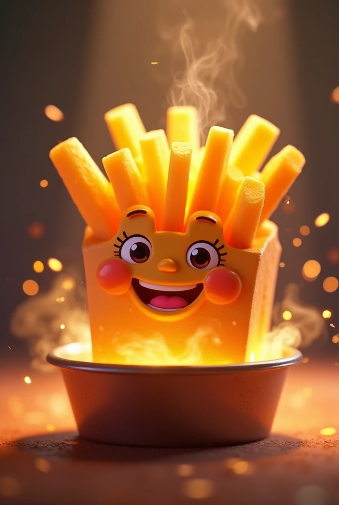 Image of a smiling French fry inside a glowing fryer