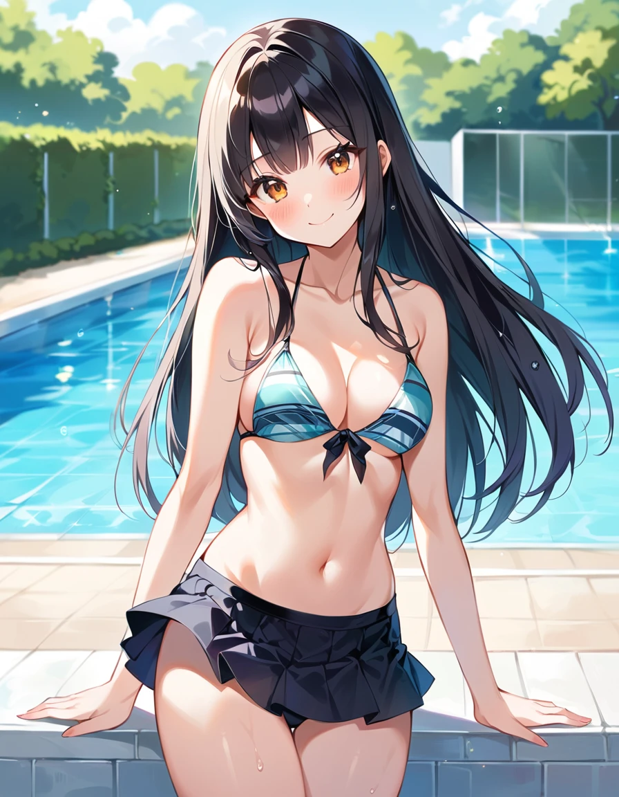 Woman, cute, adorable, smiling, straight hair, long hair, black hair, standing, Swayback stance, looking at the camera, From the front, from thighs to head, pool, daylight,Skirt-style-bikini