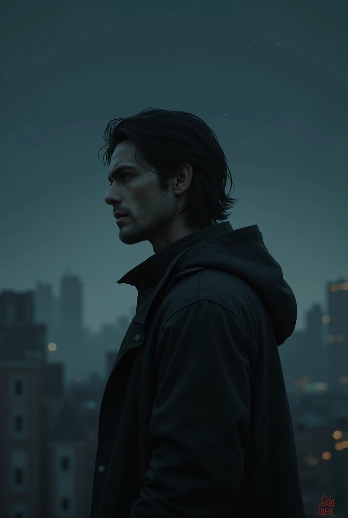 Background: The cityscape in the background should be blurred and distant, emphasizing Nishith's isolation.Sky: The sky is mostly dark with only a few faint stars, adding to the feeling of loneliness and foreboding.