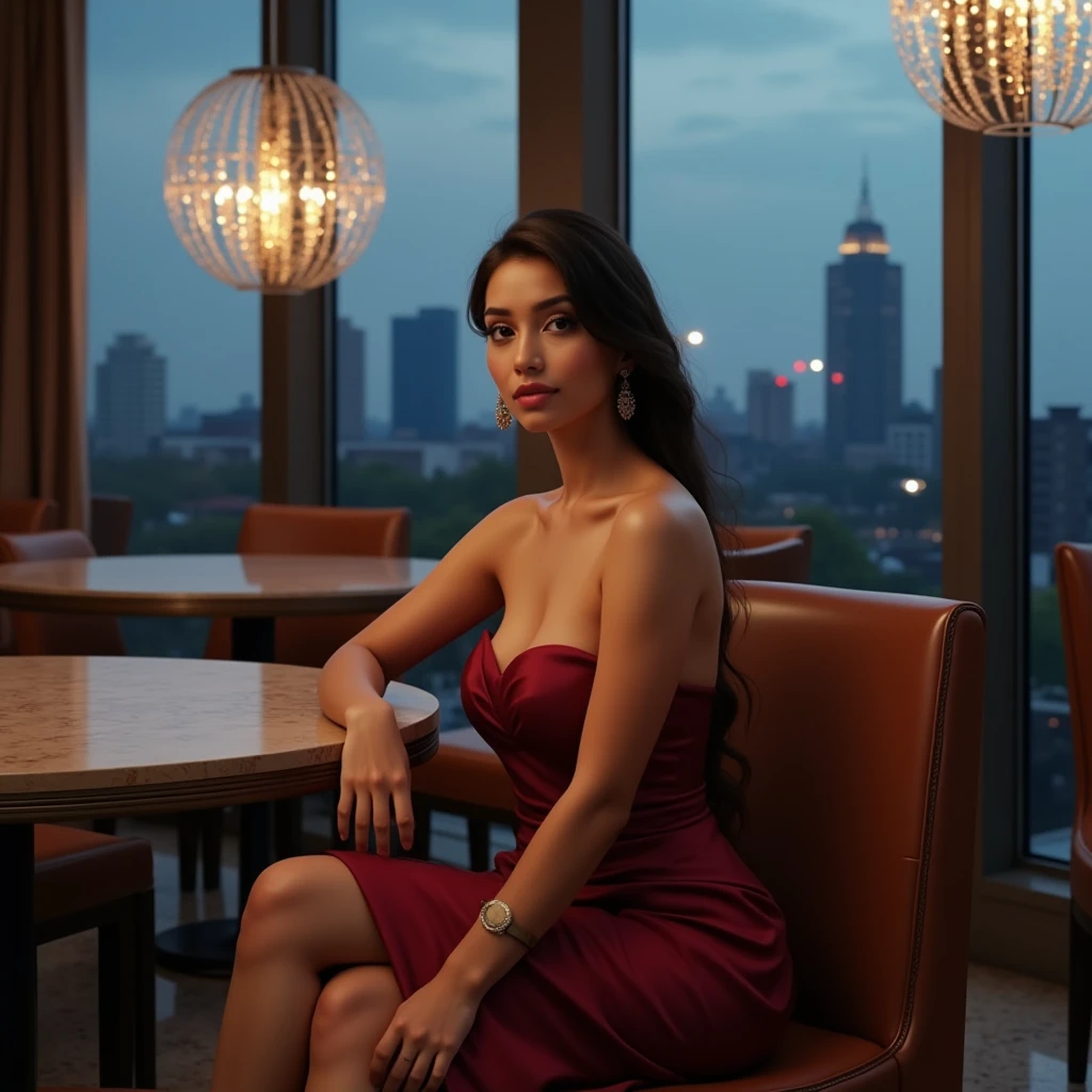 best quality,4k,8k,highres,masterpiece:1.2),ultra-detailed,(realistic,photorealistic,photo-realistic:1.37),srilankan 25 year old girl, with attractive facial features,beautiful detailed eyes,beautiful detailed lips,extremely detailed eyes and face,longeyelashes, fair skin tone. curvy huge breasts. is seated gracefully on a plush chair beside a round, polished table at a prestigious luxury hotel in Colombo. The woman is wearing a sophisticated evening dress. The background features grand chandeliers, and large windows offering a glimpse of Colombo's cityscape and blue sky at dusk