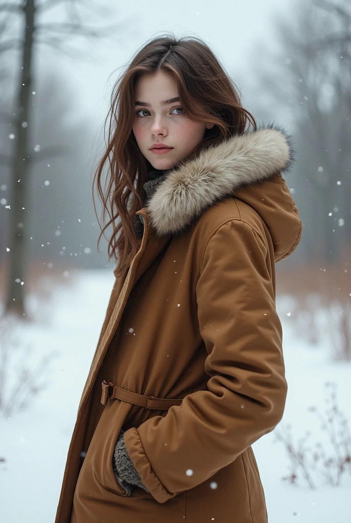A brown haired girl in Canada wearing a brown coat