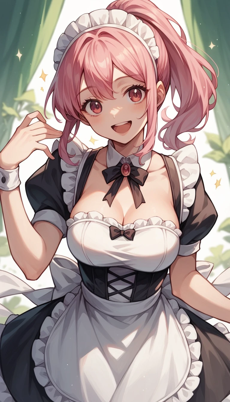 masterpiece, Highest quality, High resolution, poor, short hair, maid headdress, X Hair Ornament, Hair Ribbon, Hair on one eye, Large Breasts, Frills, Neck ribbon, Cleavage, dress, Removable sleeves, White apron, Waist apron, White Pantyhose, Are standing, Cowboy Shot, smile, Outdoor, garden,Backwards,Butt Show,Panties pink color