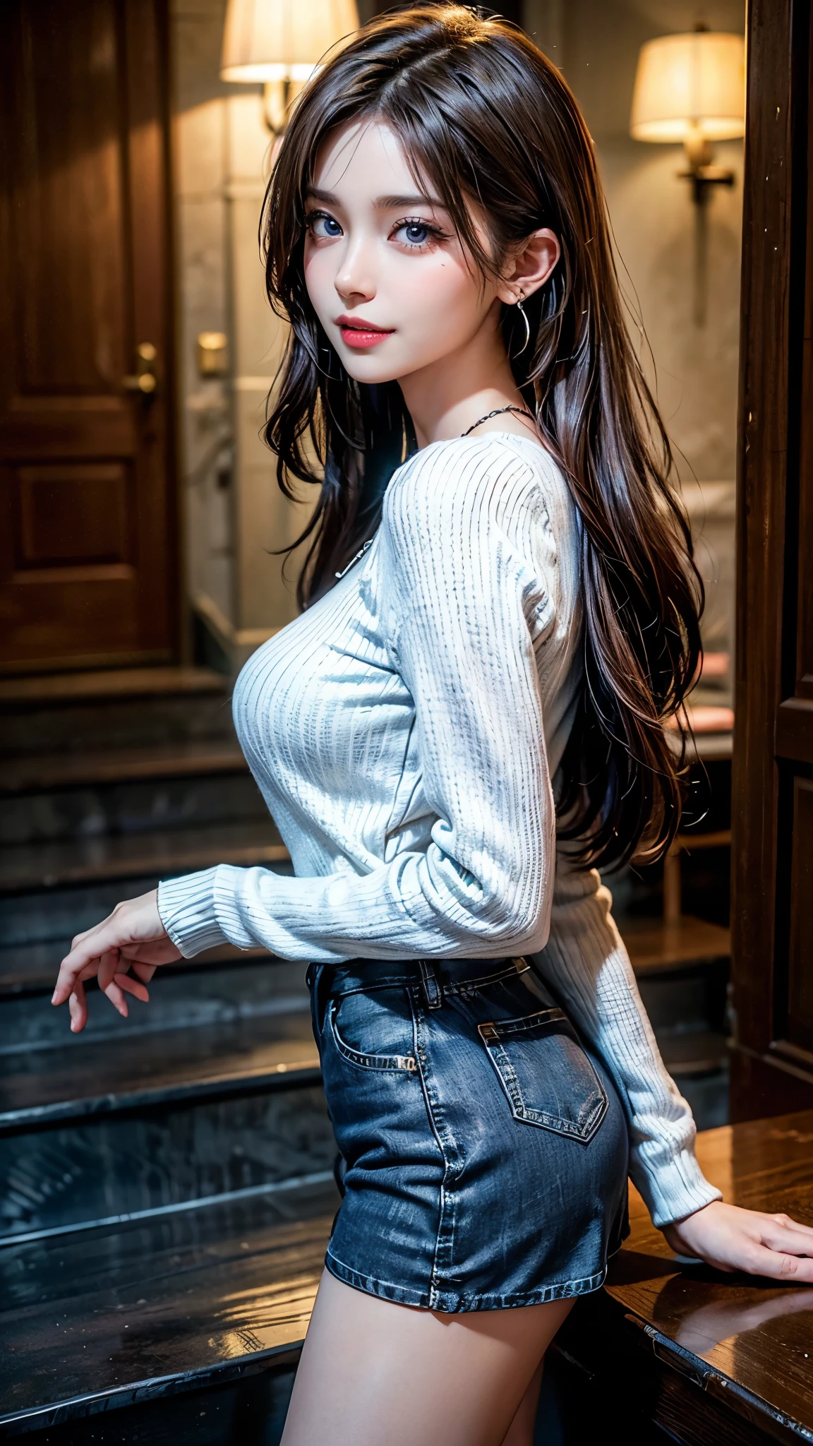 (Tabletop: 1.3), (Maximum resolution: 1.2), (Ultra HD TV: 1.2), Cinematic light, Ultra HD TV, (Detailed eyes and skin), (Detailed facial features), Hmph, 8k resolution, Sharp focus: 1.2, Perfect Style, Beautiful Face, Perfect body, Acura, Anatomically correct, Highly detailed face and skin texture, Detailed eyes, Dark blue eyes, double eyelid, Thin eyebrows, Glitter Eyeliner: 1.2, Natural Cheeks, Glowing Skin, Fair skin: 1.2, Shiny little necklace and earrings, (Glossy Lips: 1.4), break, First Person View, (She is a very cute female teacher), (stockings), (Captivating smile: 1.2), ((Pure and cute:1.3)), (Long Wavy Hair), (Light Brown Hair:1.2),  (Cowboy Shot: 1.2), break, ((Very close relationship: 1.2)), Medium large breasts, ((View your viewers:1.2)), ((Station stairs:1.2)),(From the side:1.2),Full Body Shot　A light-colored, long-sleeved, tight-fitting sweater　Tight Denim Mini Skirt　Embarrassed look　Kamimei